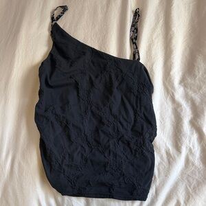 Free People Black One-Shoulder Lace-Texture Camisole with Floral Strap